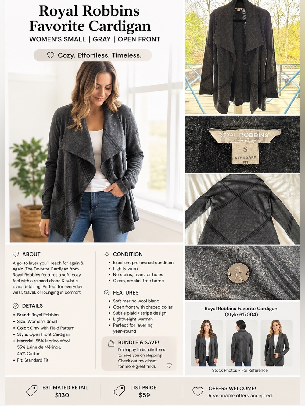 Royal Robbins Favorite Cardigan | Merino Wool Blend | Gray Plaid | Women’s Small